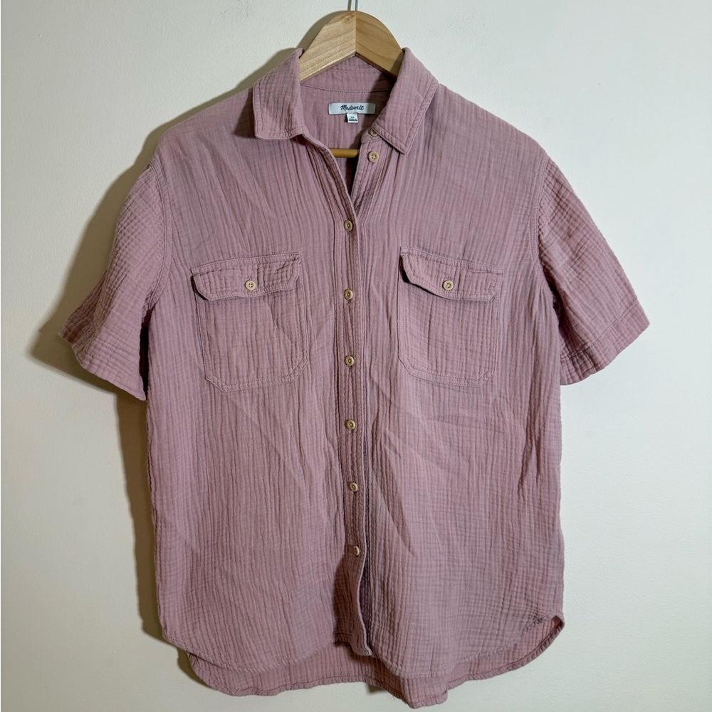 XS Madewell Oversized Pink Muslin Short Sleeve Button Down Shirt